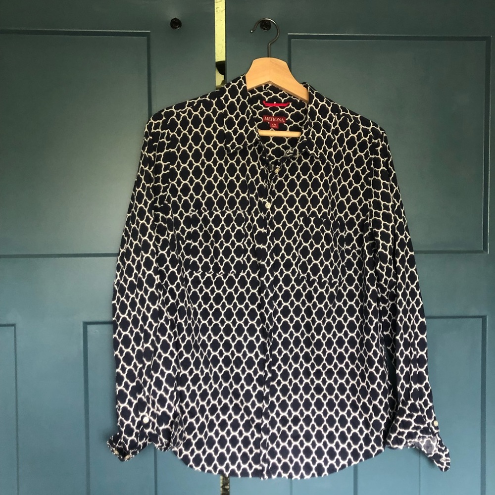 Navy and white Moroccan tile pattern cotton button up